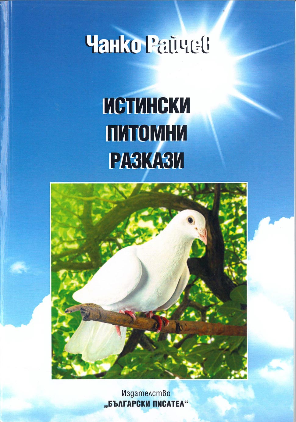 A blue sky book cover, white pidgeon on a branch, black letters, sun