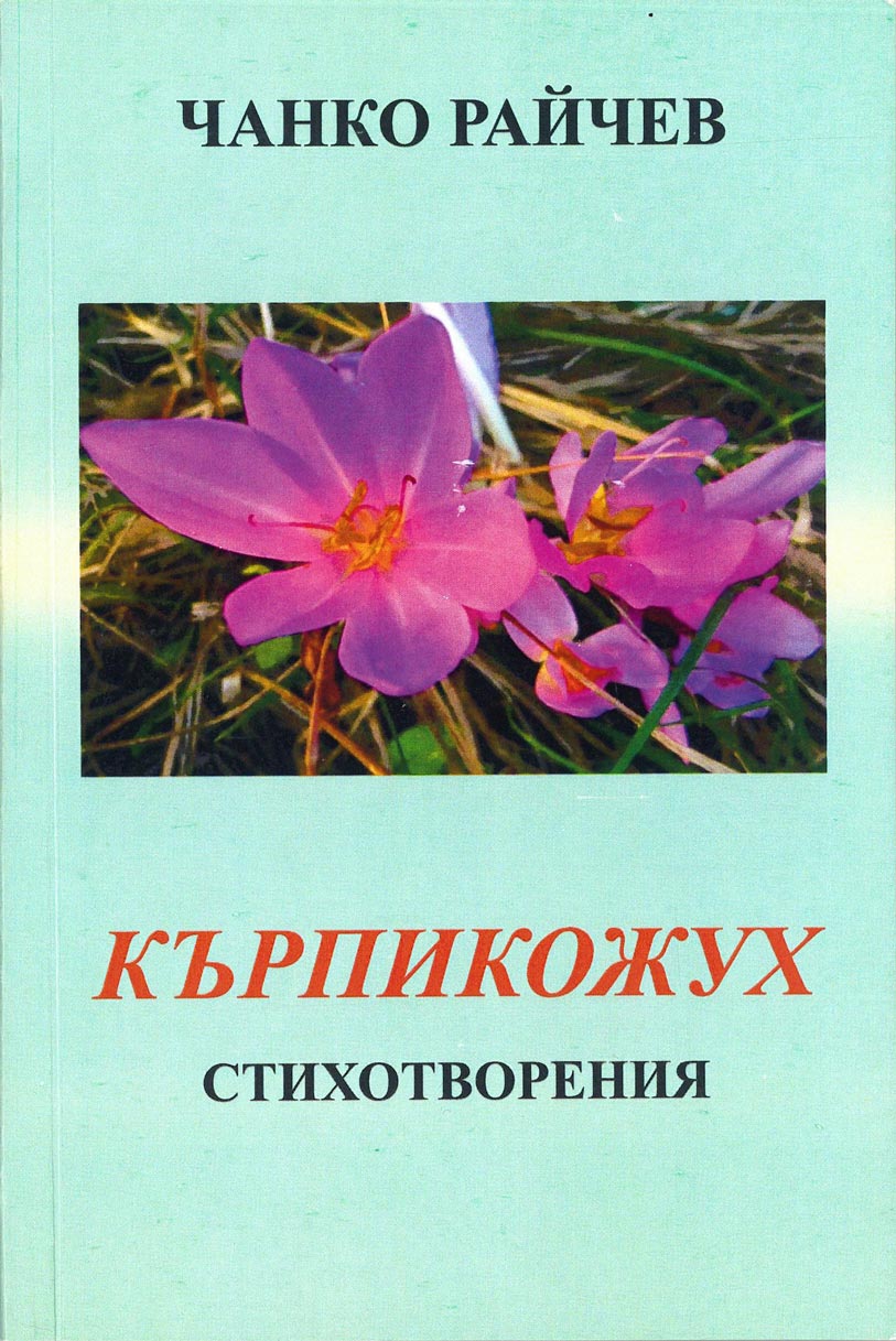 Light blue book cover, red letters, puprle flower