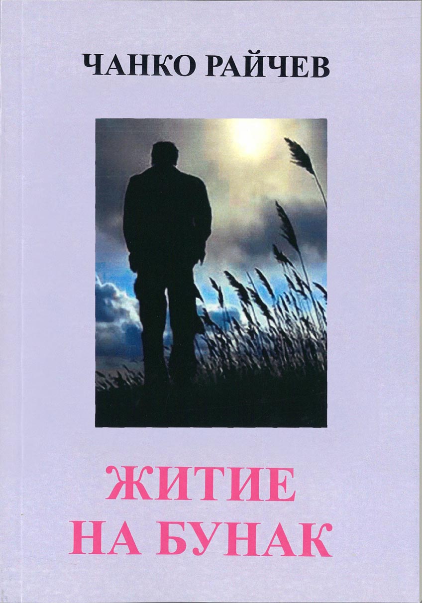 Light purple book cover, pink letters, a photo of a silhouette of a man on a grass field